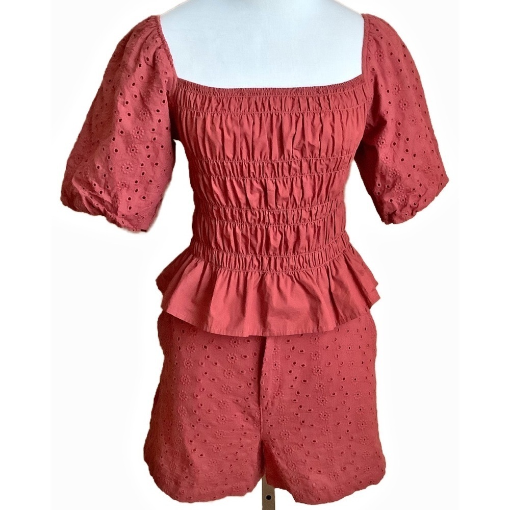 MEXX 2-Piece Smocked Peplum Eyelet Puff Sleeve Shorts Set Size M
